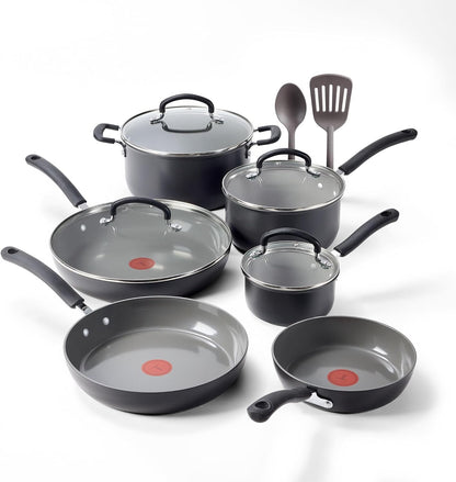 T-Fal Ultimate Hard Anodized Cookware Set - 12-Piece Ceramic Nonstick, Oven Safe Up to 400°F, Stone Finish