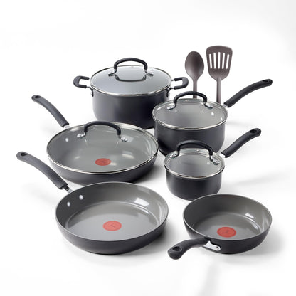 T-Fal Ultimate Hard Anodized 12-Piece Ceramic Nonstick Cookware Set, Oven Safe Up to 400°F, Ceramic Pots and Pans Set, Frying Pans, Saucepan, Stockpot, Cooking Utensils, Stone