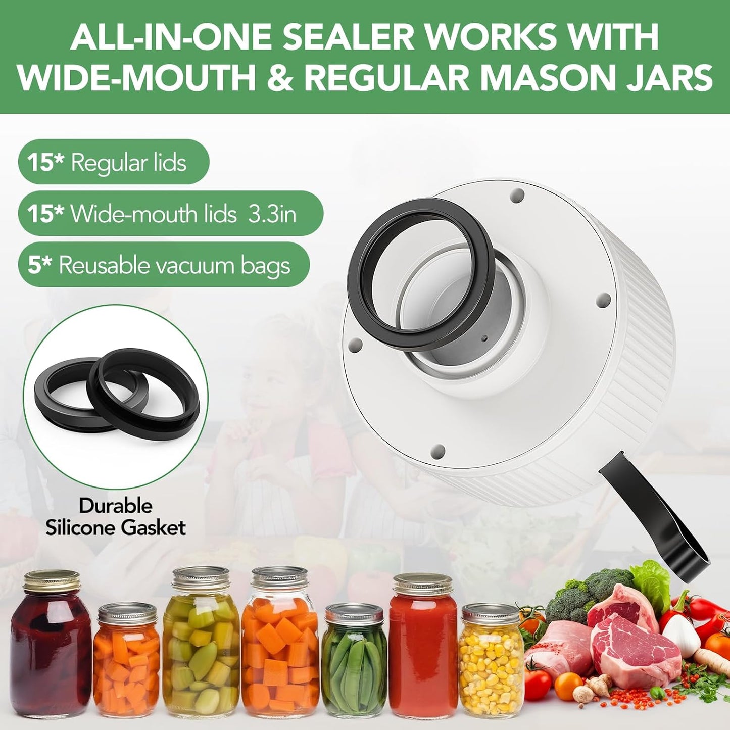 Skiennix Electric Mason Jar Vacuum Sealer - 3-in-1 One-Tap Control with 30 Lids & 5 Storage Bags