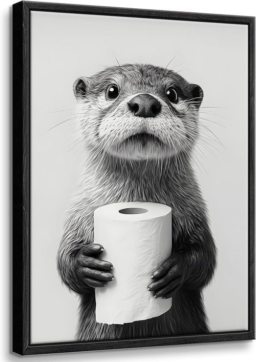 Framed Otter Wall Art - Black and White Funny Bathroom Decor | Unique Toilet Paper Design