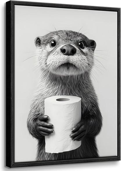Framed Otter Wall Art - Black and White Funny Animal Decor for Bathroom | Farmhouse Toilet Decoration