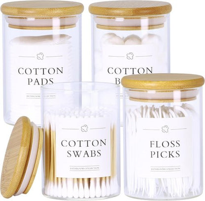 INIUNIK Qtip Holder Dispenser - 4 Pack Glass Apothecary Jars with Lids | Bamboo Bathroom Organizers