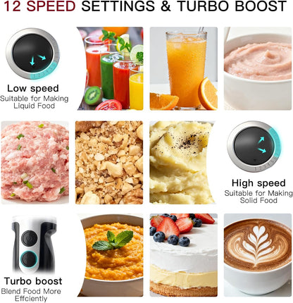 MegaWise 3-in-1 Immersion Hand Blender - Powerful 12-Speed with Titanium Reinforced Blades | Black