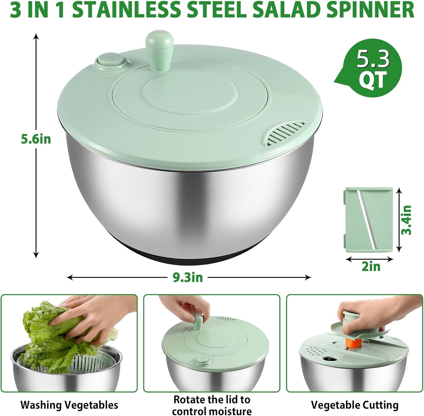 Salad Spinner Stainless Steel - 5.3 Qt Large Vegetable & Fruit Washer with 5 Blade Slicer