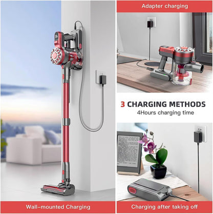 WLOTPO Cordless Vacuum Cleaner - Lightweight Rechargeable Stick Vacuum with Powerful Suction | 35 Min Runtime, Red Grey