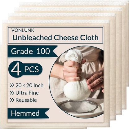 4-Pack Cheesecloth by Grade 100 - 20x20 Inch Reusable Unbleached Cotton Strainer for Cooking, Baking & Juicing