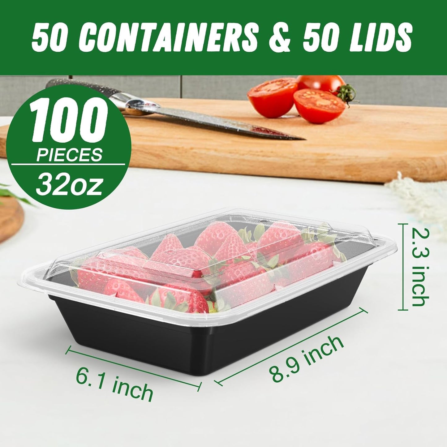 Regine Switzerland 32 oz Meal Prep Containers - 50 Pack of Reusable, Leakproof Food Storage Pans | Microwave & Dishwasher Safe, Black