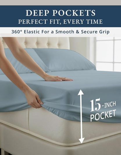 LANE LINEN California King Sheets Set - Ultra Soft 100% Egyptian Cotton with Luxury French Blue Finish
