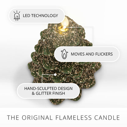 Luminara Christmas Tree Flameless LED Candle, Dark Green 4.7" x 6.5", Moving Flame Battery Operated Timer, Holiday Decor, Glitter Snow Finish Safe