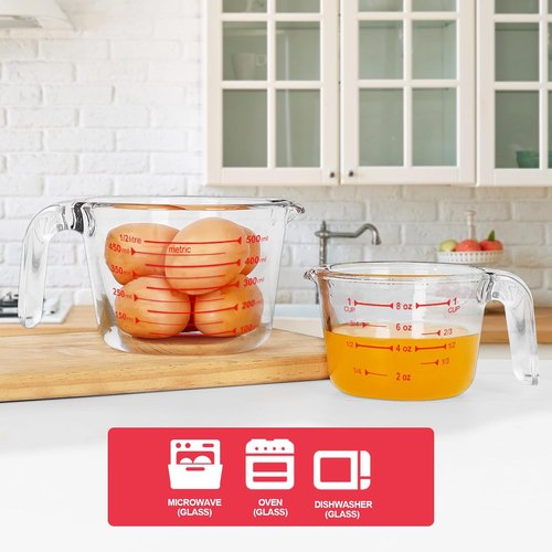 KOMUEE Glass Measuring Cups Set - 4-Piece Liquid Measuring Cups with Lids | 5 Oz, 1-Cup, 2-Cup, 4-Cup