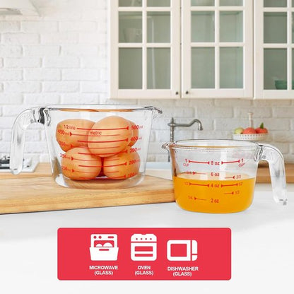 KOMUEE Glass Measuring Cups Set - 4-Piece Liquid Measuring Cups with Lids | 5 Oz, 1-Cup, 2-Cup, 4-Cup