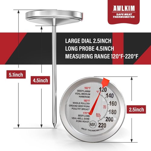 AWLKIM Stainless Steel Meat Thermometer - Safe Leave-In Oven Probe with 2.5-Inch Extra-Large Dial - Silver