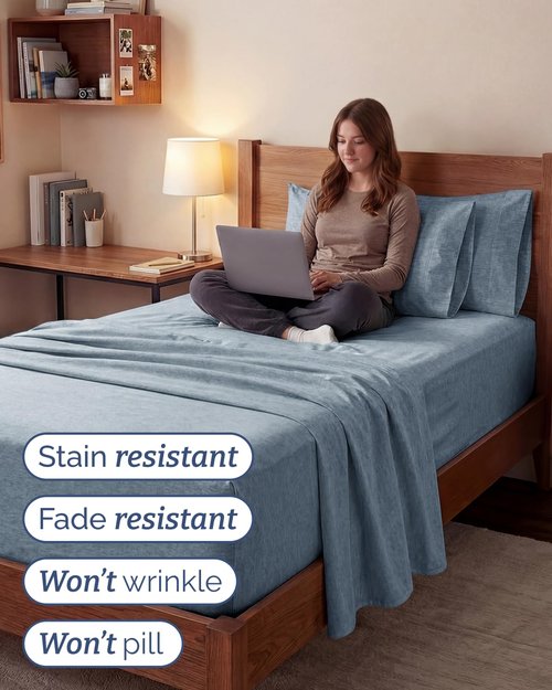 Extra Deep Twin XL Sheet Set - 4 Piece Breathable and Cooling Sheets - Hotel Luxury Bedding for Women, Men, Kids & Teens - Easy Secure Fit - Soft & Wrinkle Free - Extra Deep Pockets - Heathered Blue