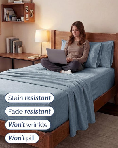 Extra Deep Twin XL Sheet Set - 4 Piece Breathable and Cooling Sheets - Hotel Luxury Bedding for Women, Men, Kids & Teens - Easy Secure Fit - Soft & Wrinkle Free - Extra Deep Pockets - Heathered Blue