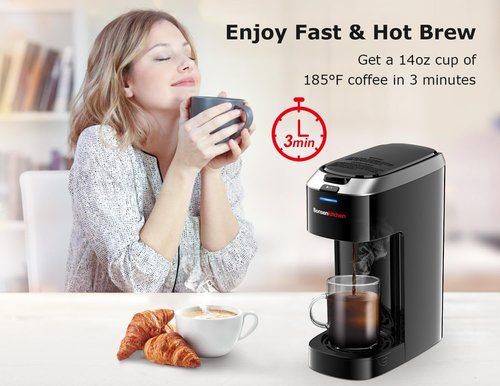 Bonsenkitchen Single Serve Coffee Maker, Coffee Brewer for K Cup Capsule, Fast Brewing Coffee Machine, Space Saving Design, 6 to 14oz Brew Size, Fits 6.6" Travel Mugs, Silver