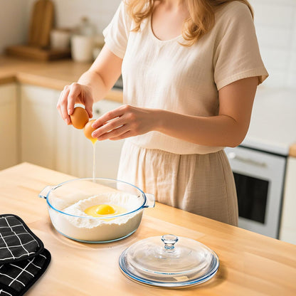 Skiennix Glass Casserole Dish Set - 2 Pack Round Baking Dishes with Lids | 1.8Qt & 0.8Qt, Dishwasher Safe