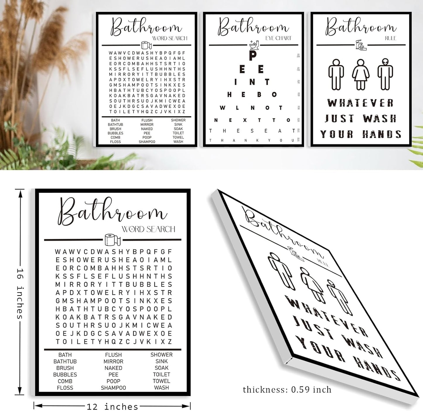 Skiennix Framed Bathroom Wall Art | Black and White Word Search Pee Eye Chart - Wash Your Hands (12x16 in, Set of 3)