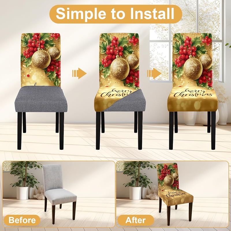Chair Covers Set of 6 - Stretchable Dining Room Slipcovers with Elastic Band, Washable, Gold Merry Christmas (Variation: Gold - Merry Christmas+6)