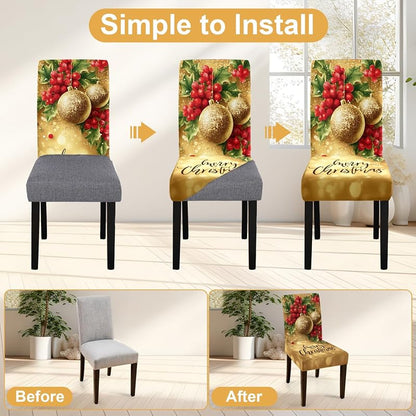 Chair Covers Set of 6 - Stretchable Dining Room Slipcovers with Elastic Band, Washable, Gold Merry Christmas (Variation: Gold - Merry Christmas+6)
