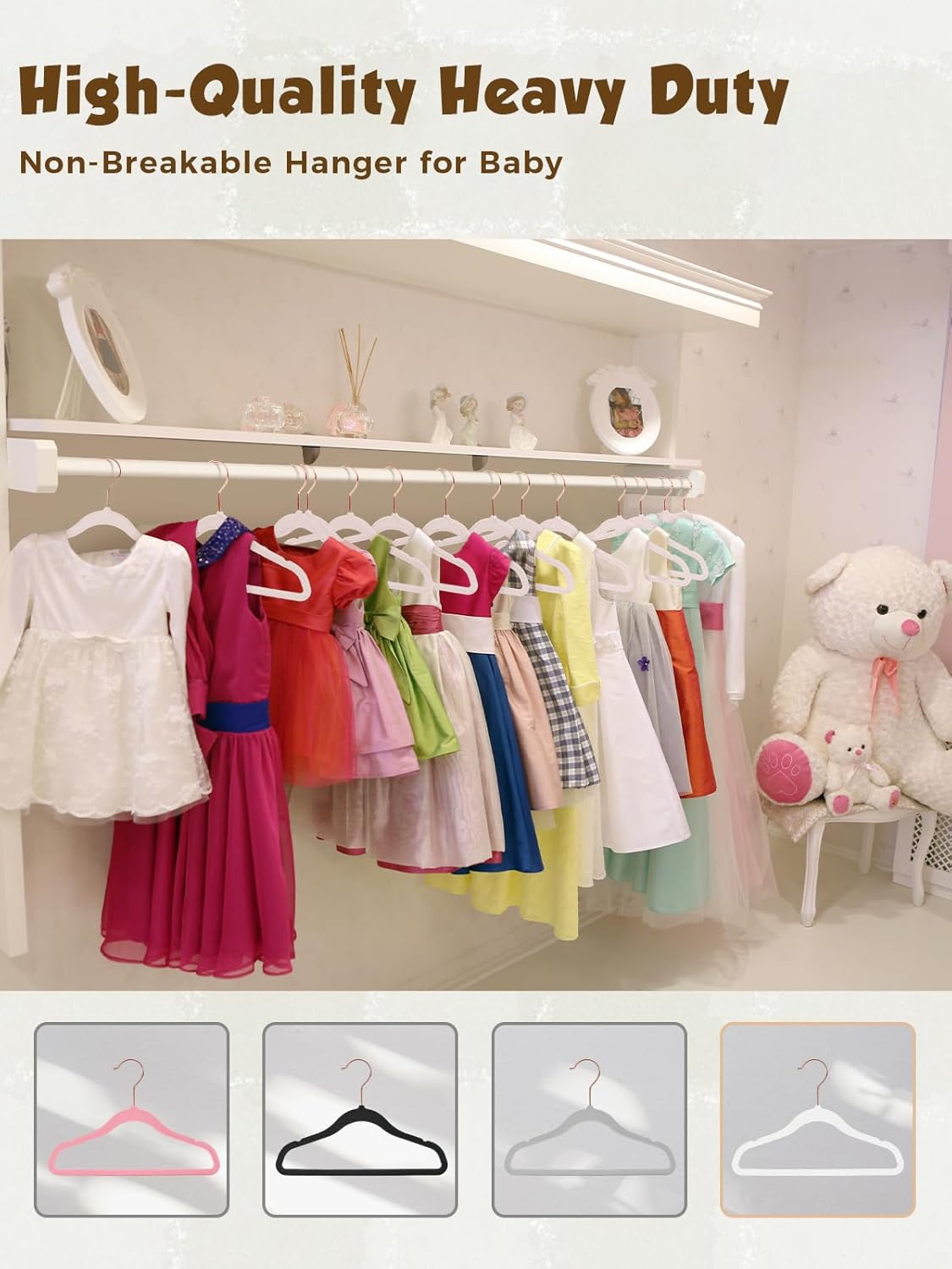 Smartor Kids Velvet Hangers - 50 Pack Non-Slip Felt Hangers for Toddler Clothes | 14 Inch, White with Rose Gold Hook