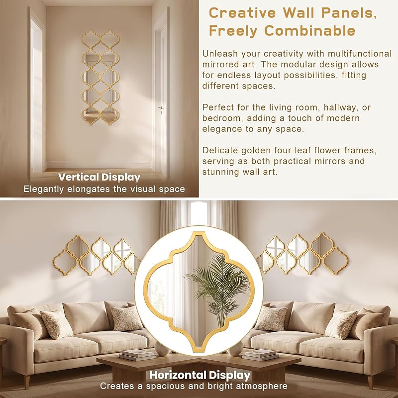 12-Piece Acrylic Mirror Tile Set for Wall Decor - Self-Adhesive Gold Diamonds