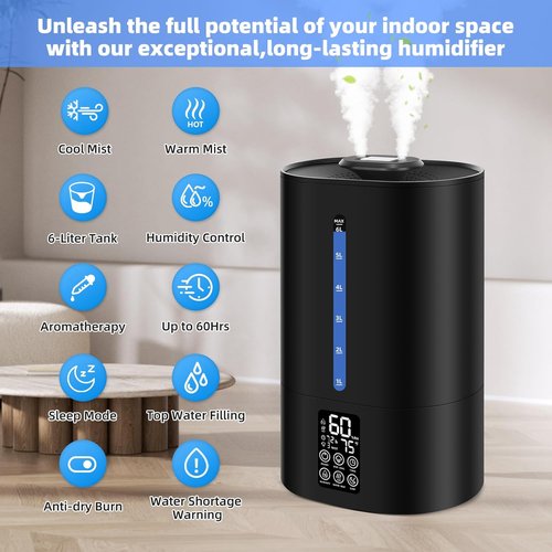 6L Humidifiers for Bedroom Large Room Home,Cool and Warm Humidifier for Baby and Plants Hot Mist Top Fill Desk Humidifier Oil Diffuser,Quiet,Auto Mode,360°Nozzle-Midnight Black(2026 Upgraded)