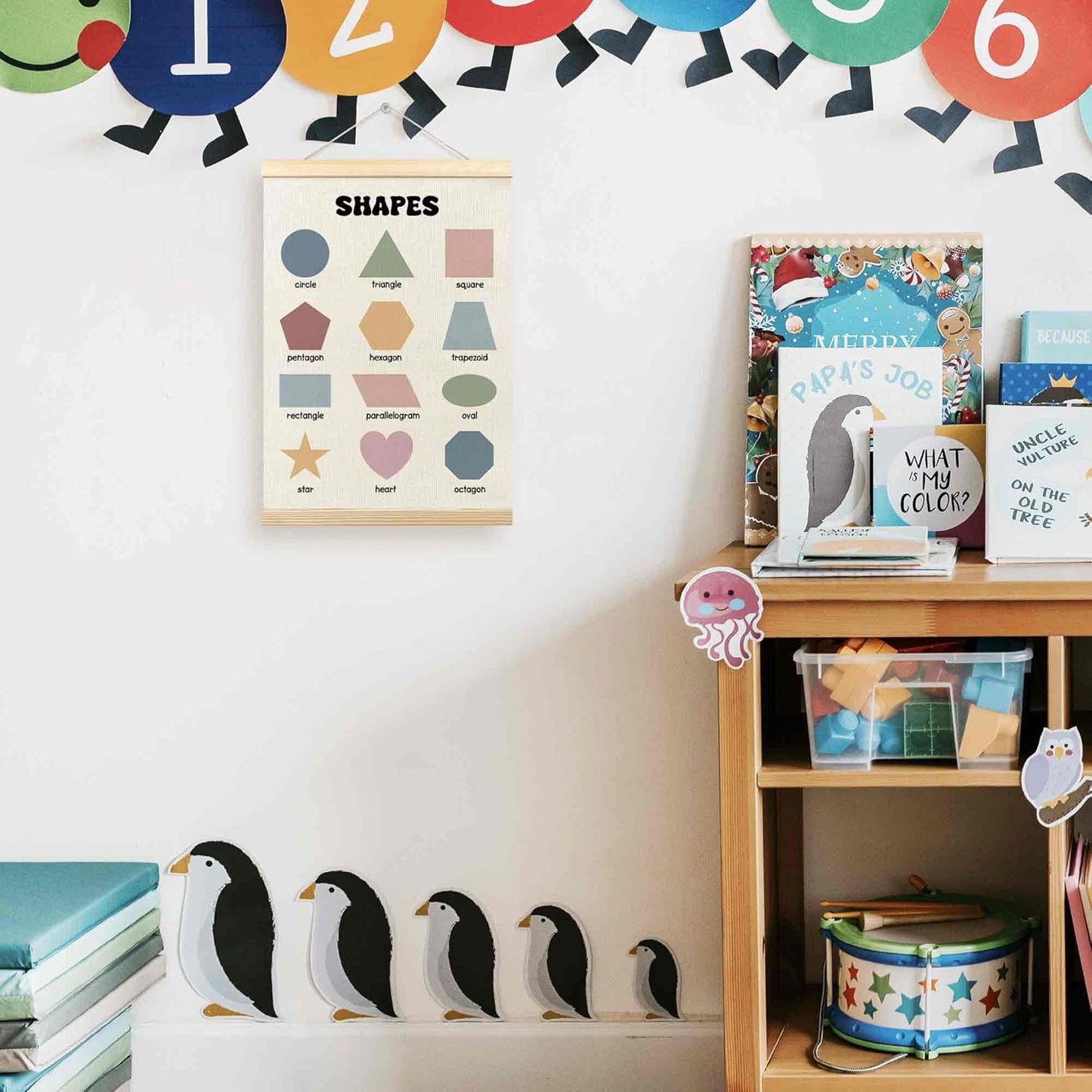 TLESKE Boho Classroom Shapes Chart - Educational Wall Art Decor for Kids Room | 12x16" Hanger Frame