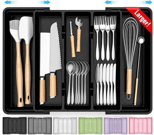 Large Silverware Organizer - Expandable Utensil Drawer Tray | BPA-Free Cutlery Storage in Black