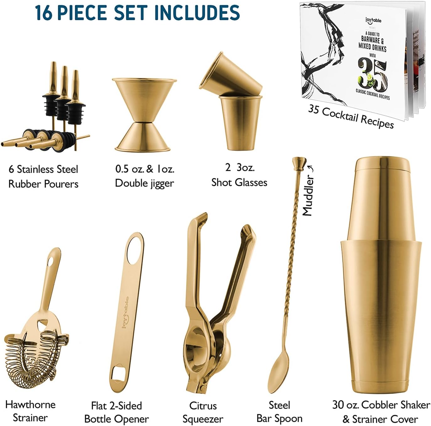 Skiennix Cocktail Shaker Set - 16-Piece Stainless Steel Mixology Kit with Gold Finish | Includes 30oz Shaker, Muddler, Jigger & Recipe Book
