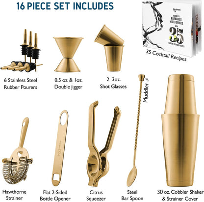 Skiennix Cocktail Shaker Set - 16-Piece Stainless Steel Mixology Kit with Gold Finish | Includes 30oz Shaker, Muddler, Jigger & Recipe Book