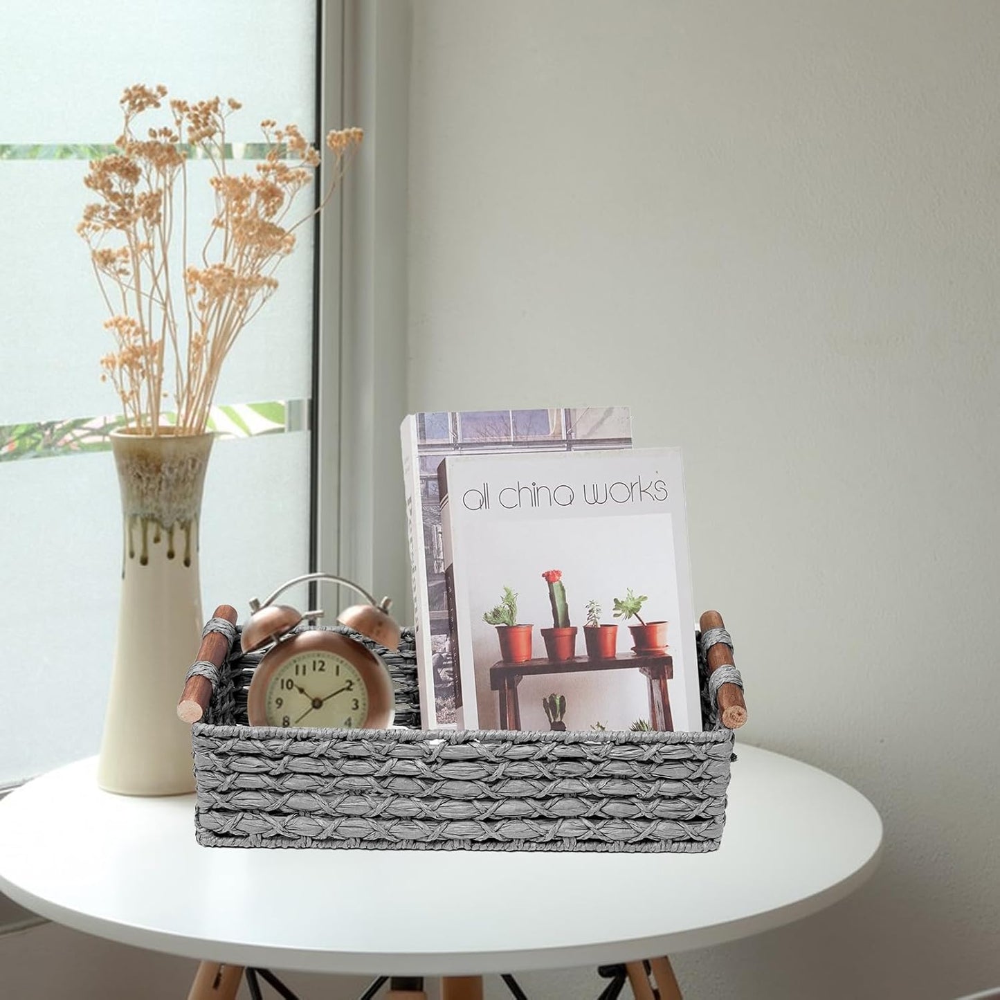 Skiennix Small Wicker Storage Basket - Decorative Organizing Bin with Handle | Light Grey