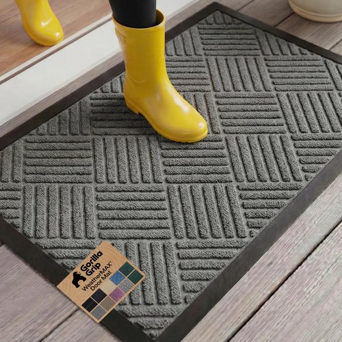 GORILLA GRIP 100% Waterproof All-Season WeatherMAX Doormat 35x23, US Designed Natural Rubber, Stain and Fade Resistant, Low Profile Indoor Outdoor Door Mats, Easy Clean Patio Mat, Gray Diamond