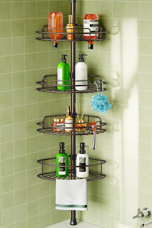 HAMITOR Corner Shower Caddy - 4-Tier Rust-Resistant Bathroom Organizer | Adjustable 47-121 Inch - No-Drill Installation - Space-Saving Bronze Shelves