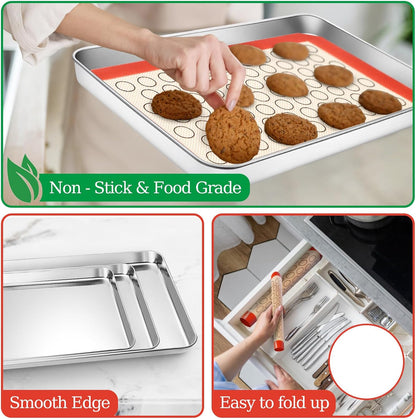 CEKEE Stainless Steel Baking Sheet Set - 6PCS Cookie Sheets with Silicone Baking Mats for Oven Use
