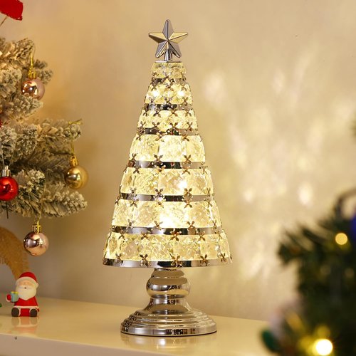 Lewondr Christmas Tree Lamp - 14 Inch Battery Powered Crystal Treetop Light | Handmade Glass Ornament in Silver