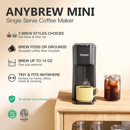 Mini Coffee Maker by [Brand Name] - Hot & Iced Single Serve for K-Cup & Ground Coffee | 6-14 Oz Brew Sizes, Classic Black