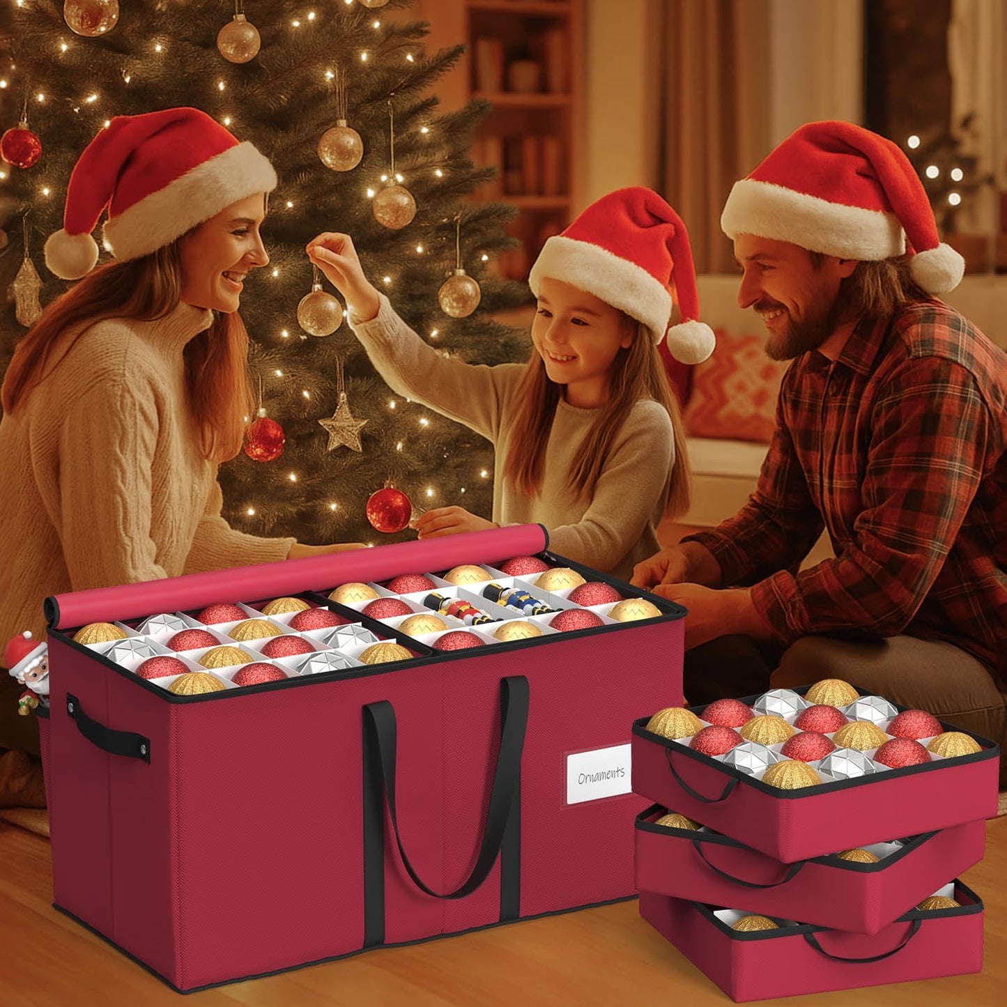 Sunvigor Christmas Ornament Storage Box - Holds 128 Ornaments with Adjustable Dividers & Dual Zippers | Rose Red