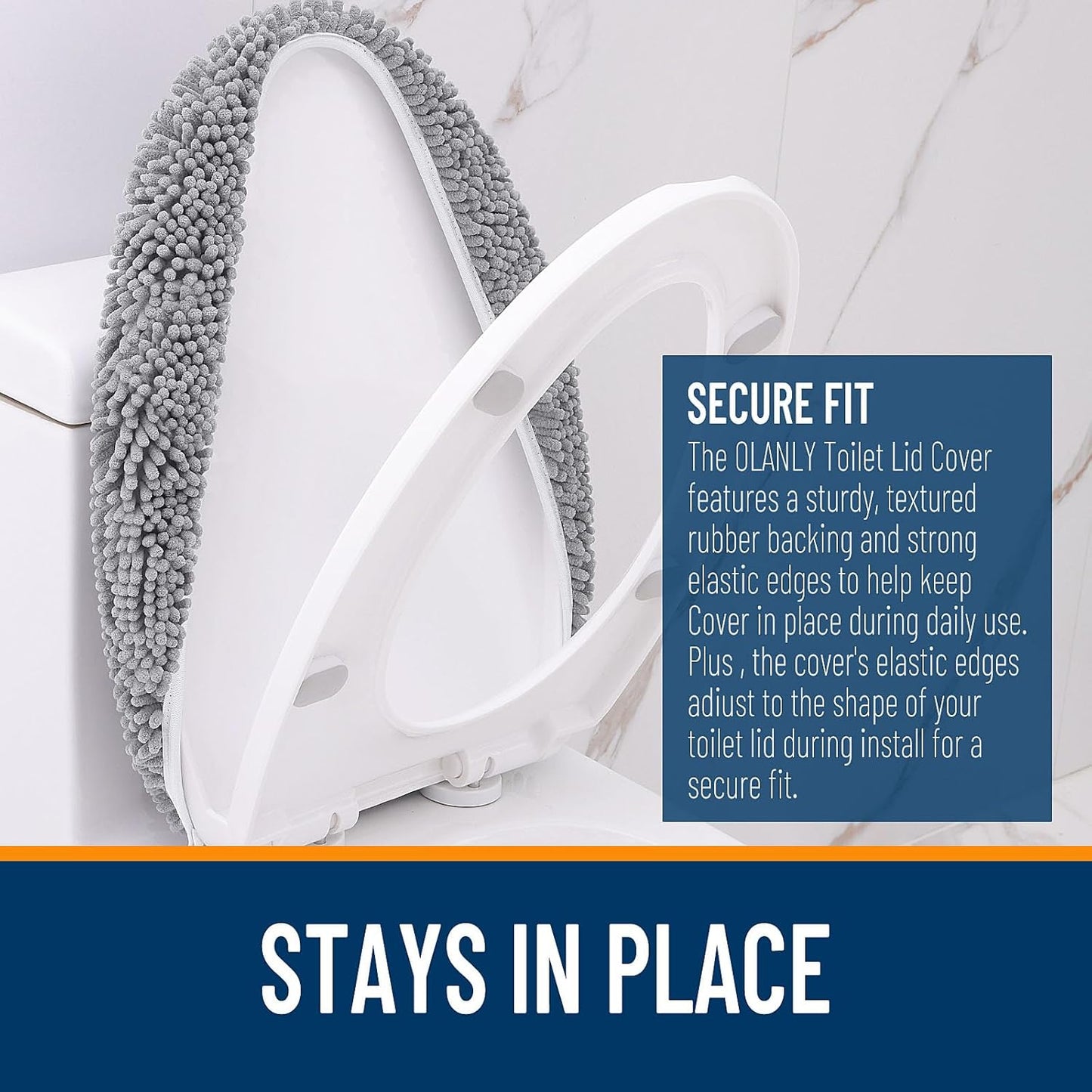 OLANLY Soft Chenille Toilet Lid Cover - Machine Washable, Non-Slip Rubber Backing | Gray, 17.5x15 Inches