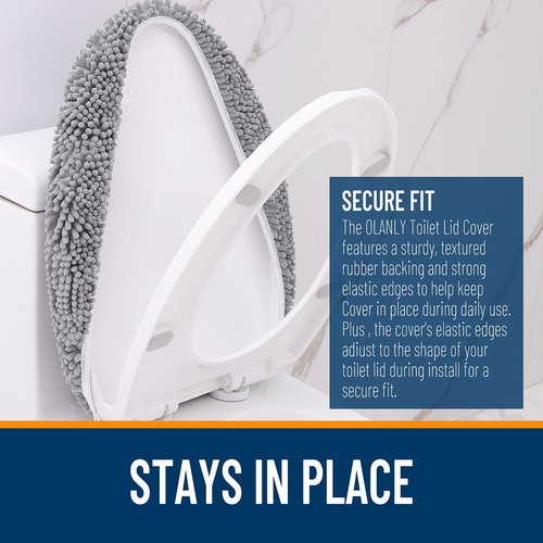 OLANLY Soft Chenille Bathroom Toilet Lid Cover, Machine Washable Seat Covers, 17.5x15, Stays in Place Rubber Backing, Fits Most Round, Elongated and Oblong Lids, Accessories Decor, Gray