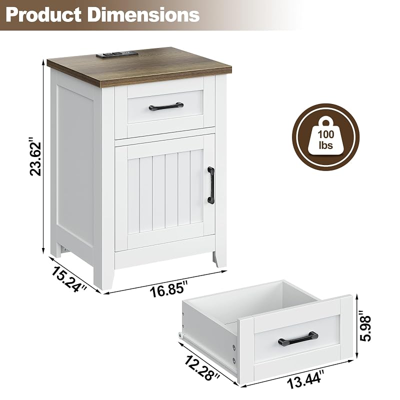 End Table Set of 2 with Built-In Charging Station, White