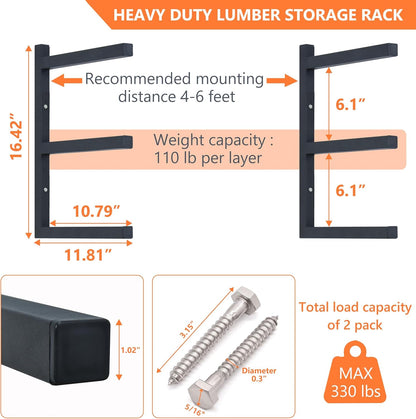 Wood Storage Racks - 3-Tier Wall-Mounted Organizer for Garage & Workshop | Black (4 Pack)