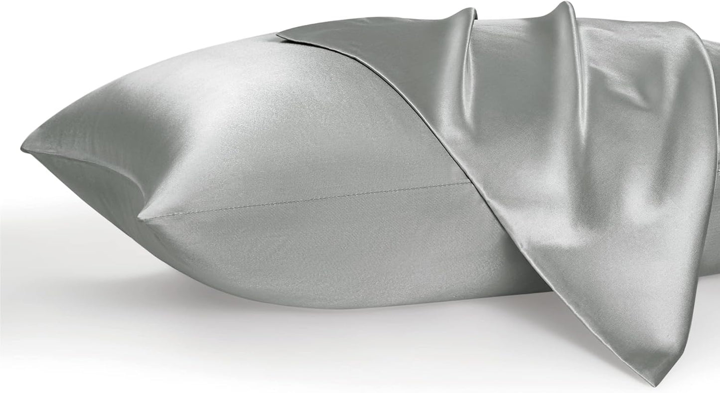 Bedsure Satin Sheets Set - Luxurious Silver Grey Queen Size with Matching Pillowcases
