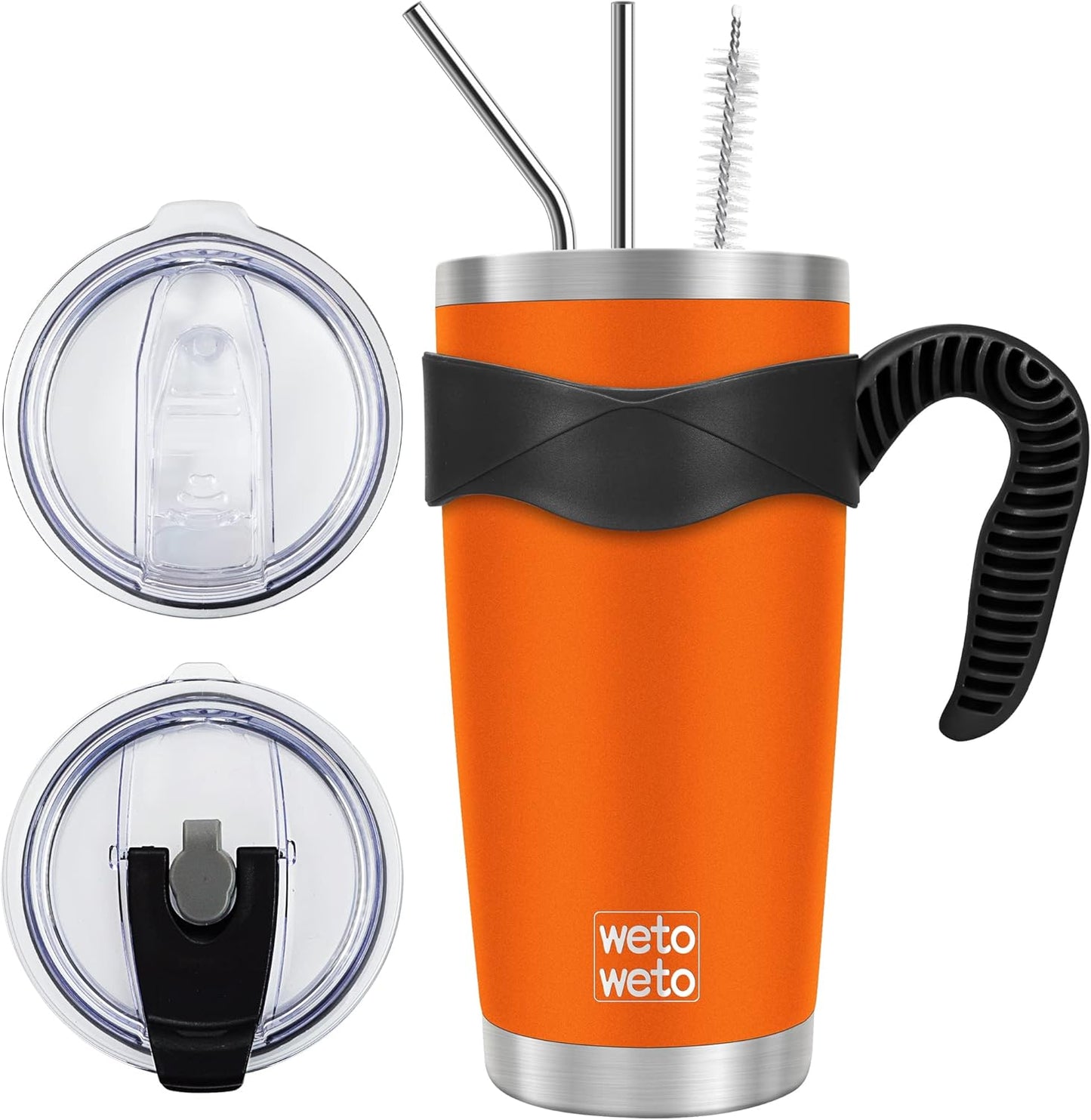 WETOWETO 20oz Stainless Steel Tumbler - Vacuum Insulated Travel Mug with 2 Lids & Straws | Orange