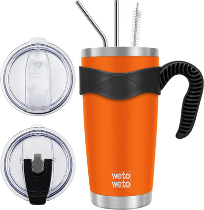 WETOWETO 20oz Stainless Steel Tumbler - Vacuum Insulated Travel Mug with 2 Lids & Straws | Orange