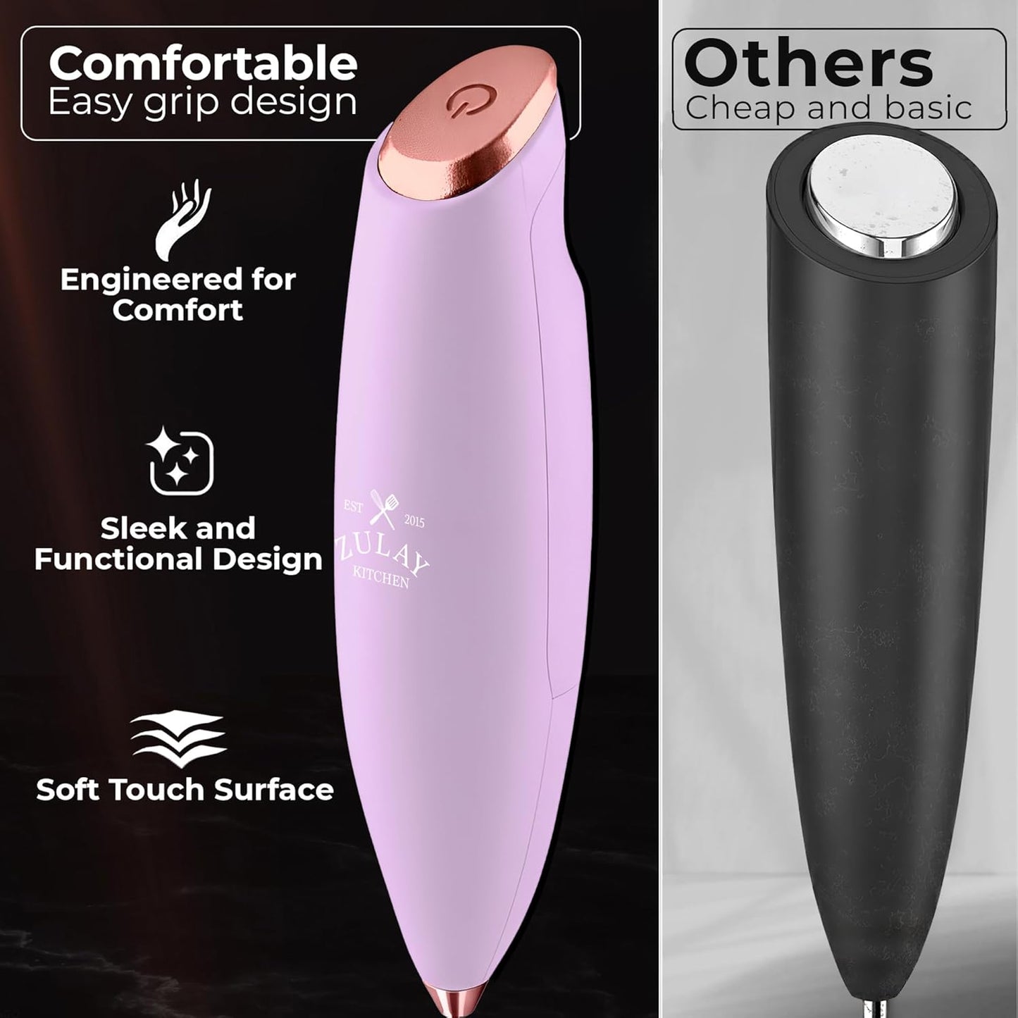 Zulay Kitchen Tornado Triple Whisk Milk Frother - Handheld Foam Maker for Coffee & Lattes - Rose Gold