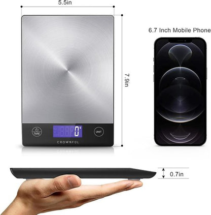CROWNFUL Digital Kitchen Scale - 33lb Rechargeable 304 Stainless Steel | LCD Display for Accurate Measurements