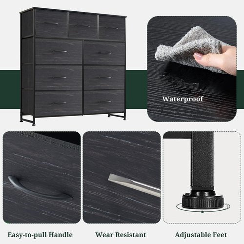 9-Drawer Dresser for Bedroom, Anti-Tip Tall Storage Organizer Chest of Drawers with Wooden Top and Metal Frame Fabric Bins for Closet, Living Room, Hallway, Entryway, Charcoal Black