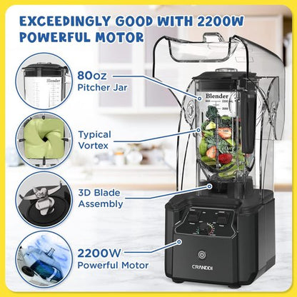 CRANDDI Commercial Blender - 2200 Watt Quiet Countertop Blender with 80oz Pitcher | Smoothie Maker in K90 Grey