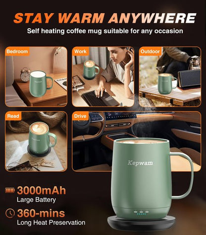 Kepwam Self Heating Coffee Mug, 16oz Smart Heated Coffee Mug, 150 Min Battery Life - Hot up to 149℉ Temperature Control Coffee Mug Warmer, Gifts for Women and Men