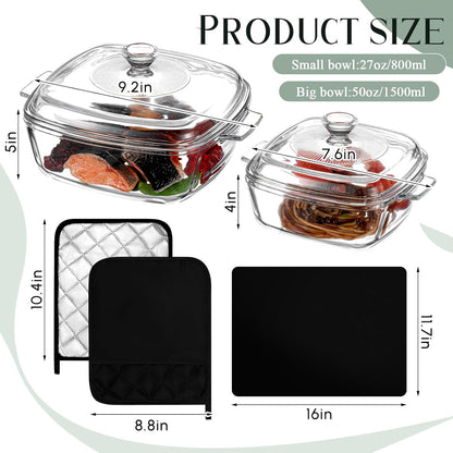 Teenyyou Glass Casserole Dish Set - 2 Pcs with Lid, Baking Gloves & Heat Resistant Mat | 1.5L & 0.8L